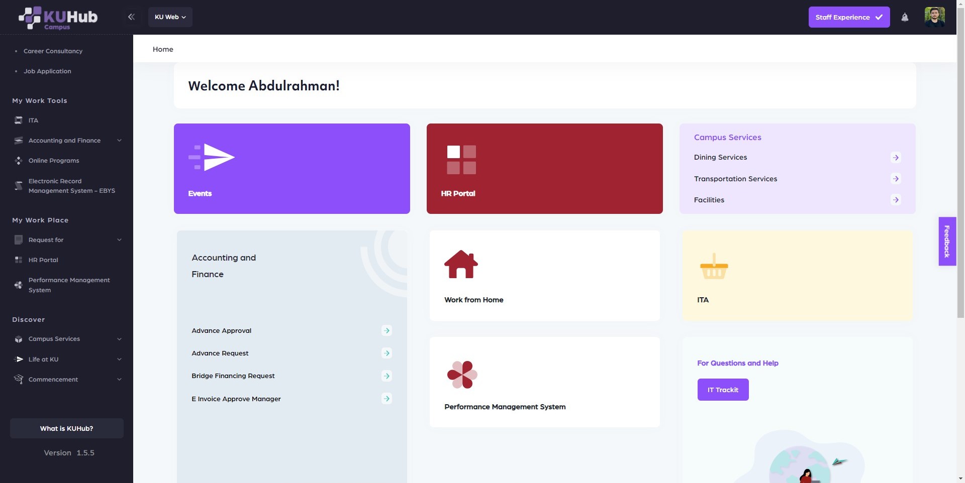 KUHUB staff dashboard with campus services and work tools